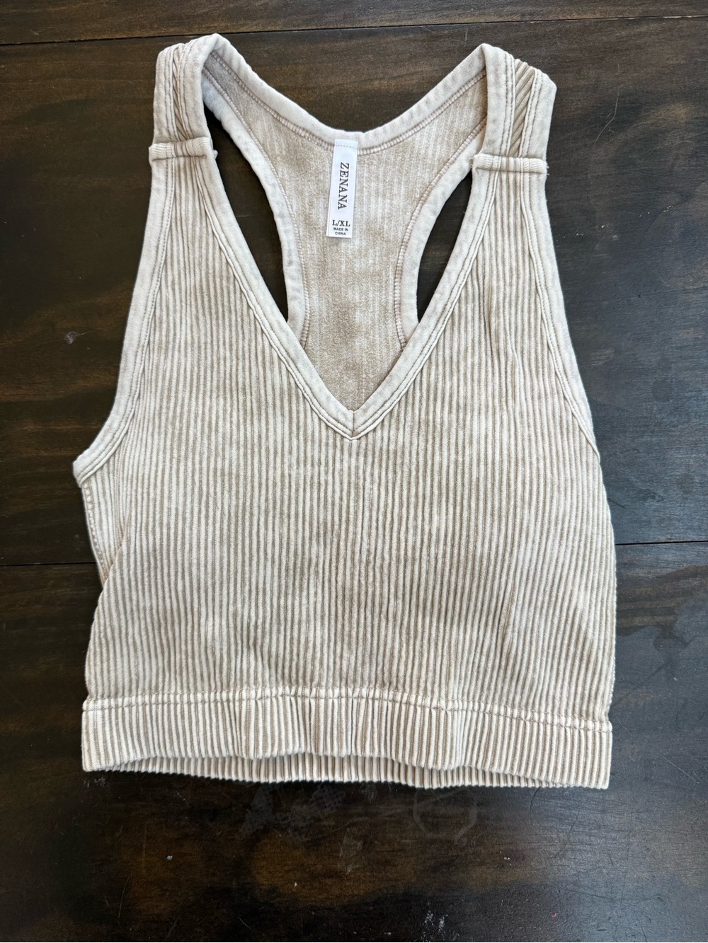 Zenana Outfitters Beige Ribbed V-Neck Racerback Crop Tank